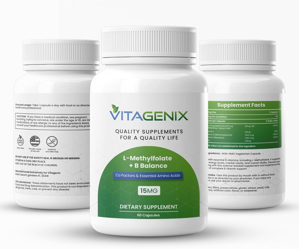 L-Methylfolate + B Balance - Fortaleza Profesional Bioactive 5-MTHF Form + B6, B2 &amp; B12 Methylcobalamin B Complex - Supports Mood, Methylation & Cognition - 15mg - 60 cápsulas