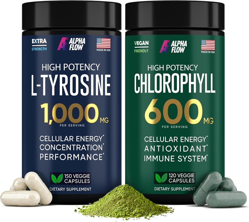 (Bundle) Chlorophyll &amp; L Tyrosine Capsules - Natural Energy, Inmunity and Focus Supplement - 600 mg Clorophyll for Freshness + 1000 mg L-Tyrosine for Focus & Mental Clarity - Made in The USA
