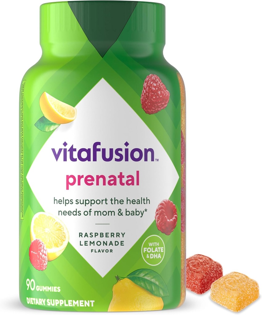 vitafusion PreNatal Gummy Vitaminas, Raspberry Lemonade Flavor, Suplemento de Vitamina Prenatal para Mujeres con Folate y DHA, 45 Day Supply, 90 Count