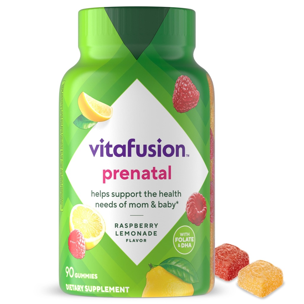 vitafusion PreNatal Gummy Vitaminas, Raspberry Lemonade Flavor, Suplemento de Vitamina Prenatal para Mujeres con Folate y DHA, 45 Day Supply, 90 Count