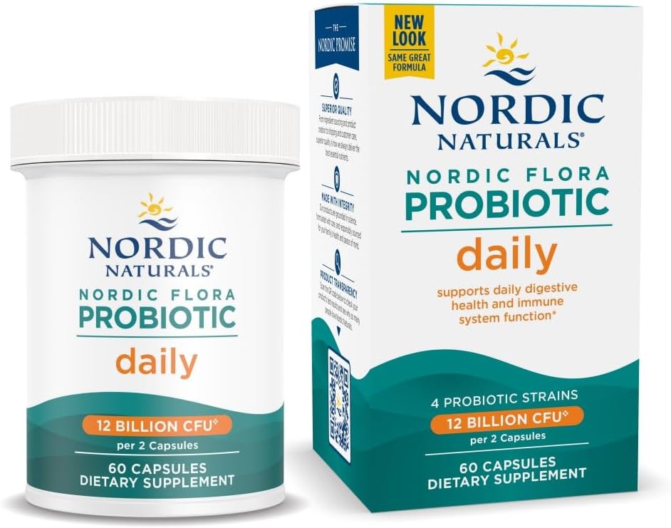 Nordic Naturals Nordic Flora Probiotic Daily - 60 Capsules - 4 Strains Probióticos con 12 Culturas de Billón - Bienestar Optimal, Apoyo Inmunitario, Salud Digestiva - No GMO, Vegan - 30 Servimientos