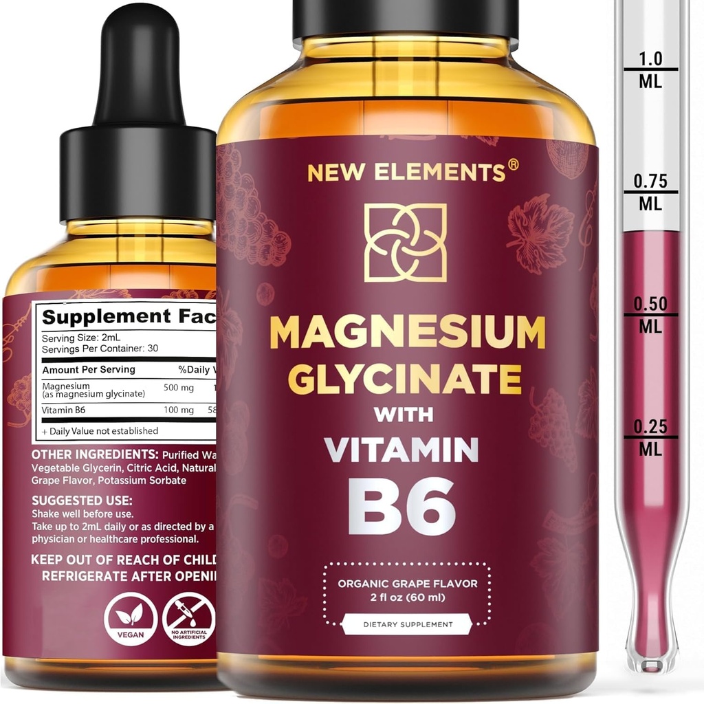 Bombas Glycinate de Magnesio Líquido con Vitamina B6 - Suplemento de Magnesio 500mg &amp; Vitamina B6 100mg ← No Gluten ← Stress Relief ← Durmiente &amp; Relajación ← Muscle & Heart Support ← Natural &amp; Vegan