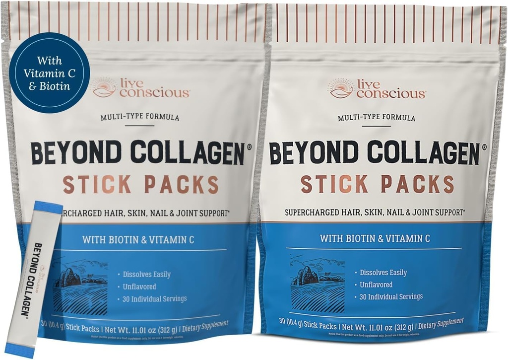 Más allá de los péptidos de colágeno Pólvora Desflavorada Packets-Hydrolyzed Collagen Powder-Hair Skin Nail &amp; Soporte Conjunto- Multi Tipo Collagen Suplementos para Mujer &amp; Hombre 30 Pack (2pk)