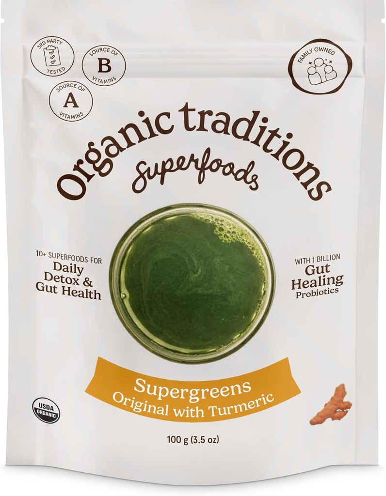 Tradiciones orgánicas Super Greens Powder Superfood con Turmeric, Ecológico Verdes Superfood Powder, 100g/3.5oz Bolsa