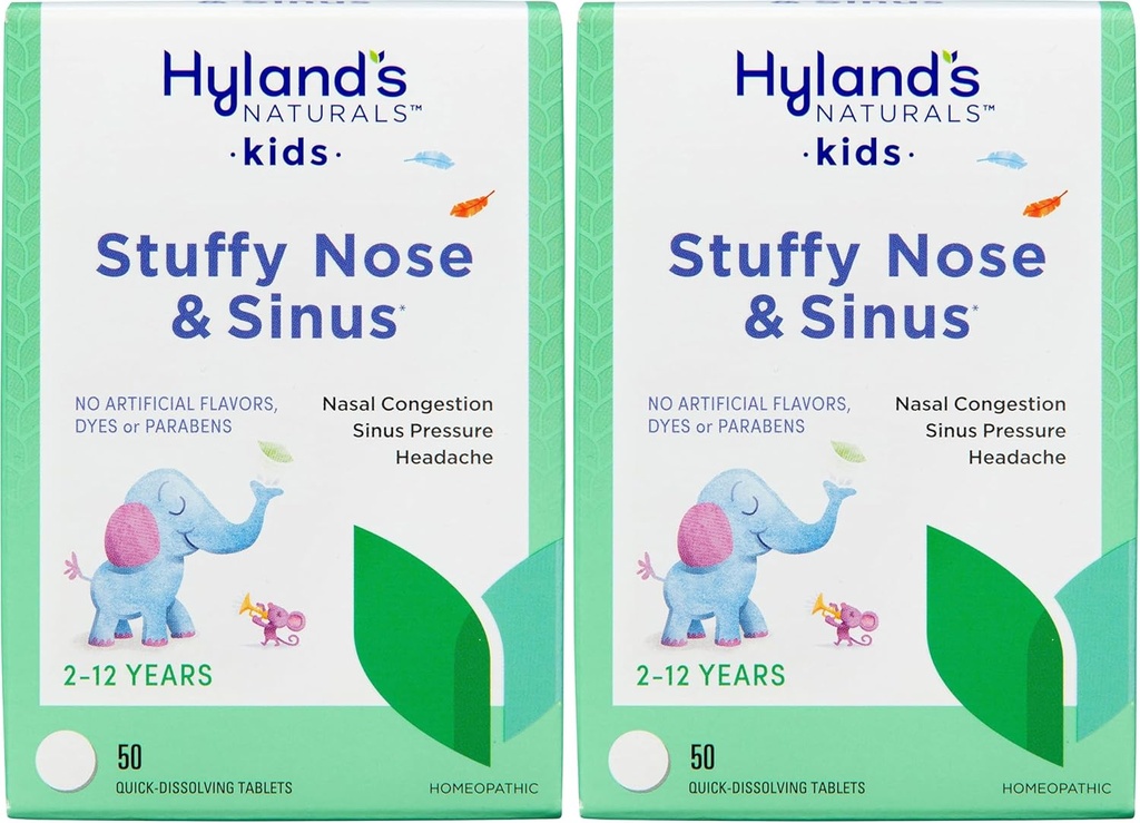 Hiland's Naturals Kids Stuffy Nose and Sinus Tablets, Cold and Allergy Medicine for Children Ages 2 and up, Headache Relief and Nasal Decongestant, Quick Dissolving Tablets, 50 Count (Pack of 2)