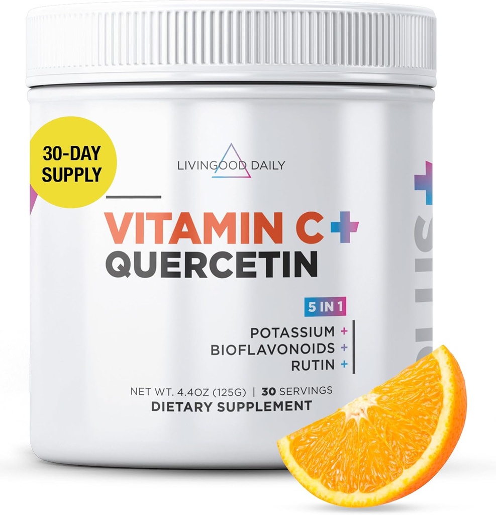 Livingood Daily High Dose Vitamin C Powder Suplemento, 2.600 MG Ascorbic Acid Powder apoya la salud de la inmunidad y la piel, vitamina C con quercetina, endulzada con Stevia, Vegan, 30 Actuaciones