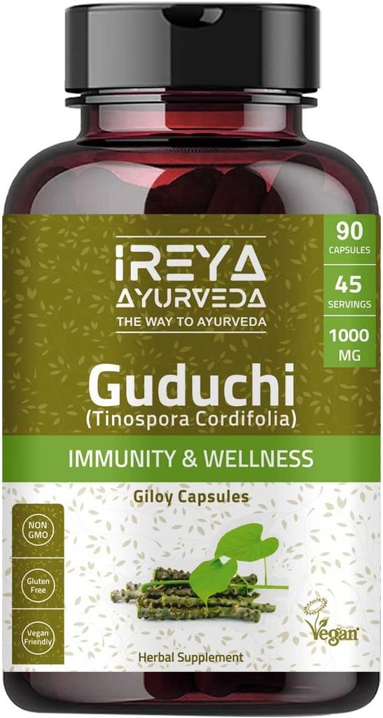 Guduchi Capsules Fortalece la inmunidad y promueve la defensa celular, la vitalidad y la hierba rejuvenecedora para la digestión (90 cápsulas)