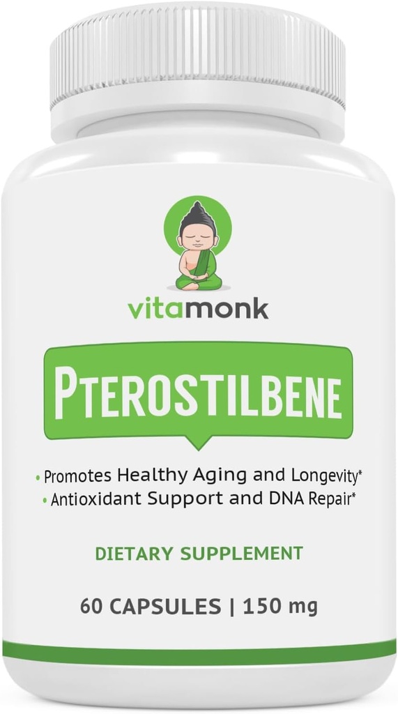 VitaMonk Pterostilbene 150mg Capsules No Artificial Fillers - Soy Free Trans-Pterostilbene Supplement which Promotes Healthy Aging and Longevity - 60 Veggie-Caps - Mejorado Resveratrol