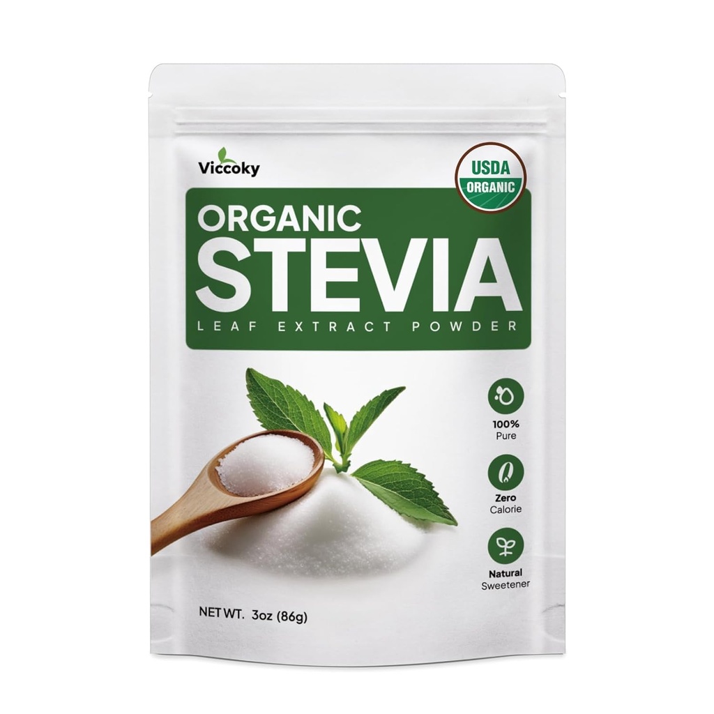 Viccoky Orgánica Stevia Powder 3oz (86g), Pura Stevia Extract Powder, Libre de Azúcar > 0 Calories, Sin Aditivos, Sustituto de Azúcar, Dulce Natural