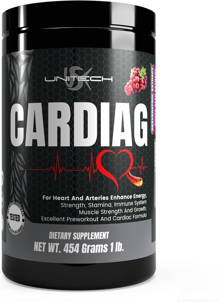 Unitech USK Cardiag Grape Powder ← Suplemento natural con L-Arginine, L-Citrulline, Grape Seed Extract, Resveratrol y Coenzyme Q10 ← Grape Flavor, 16 oz