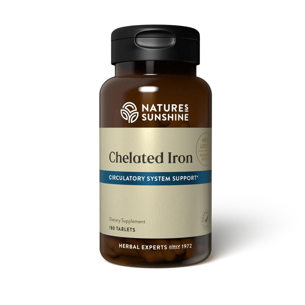Sunshine Iron-Chelated 25mg, 180 Tablets ← Proporciona soporte circulatorio del sistema, ayuda al transporte de oxígeno a los Tissues, y proporciona 25 mg Iron por Tablet