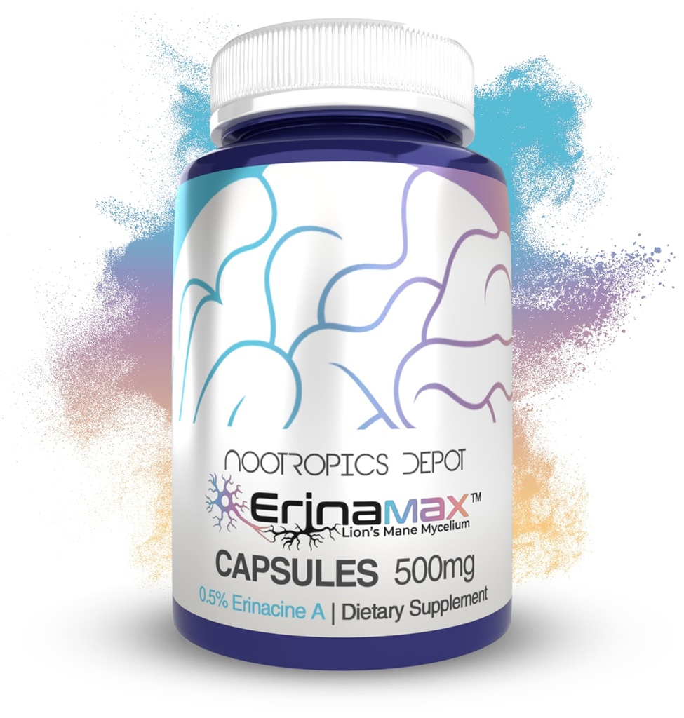 Nootropics Depot Erinamax Lion's Mane 500mg Capsules ← Cultura Líquida Mycelium  2.5mg Erinacine A ← Mood, Cognition, " Nerve Support Silencio 60 Conde