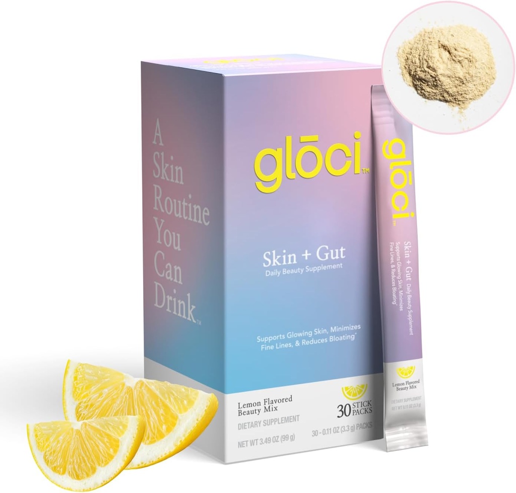 Gloci Skin + Gut - Probiótico DE111 - Ácido hialurónico, Magnesio, Vitamina C, Zinc, Agua de coco Polvo - Probiótico estudiado clínicamente para la piel radiante, Salud Gut, Hidratación - 30 Conde