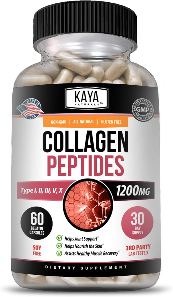 Kaya Naturals Péptidos Multi Collagen Powder Complejo para Mujeres y Hombres, Tipos I, II, III, V & X TENIDO 60 Conteo Capsules