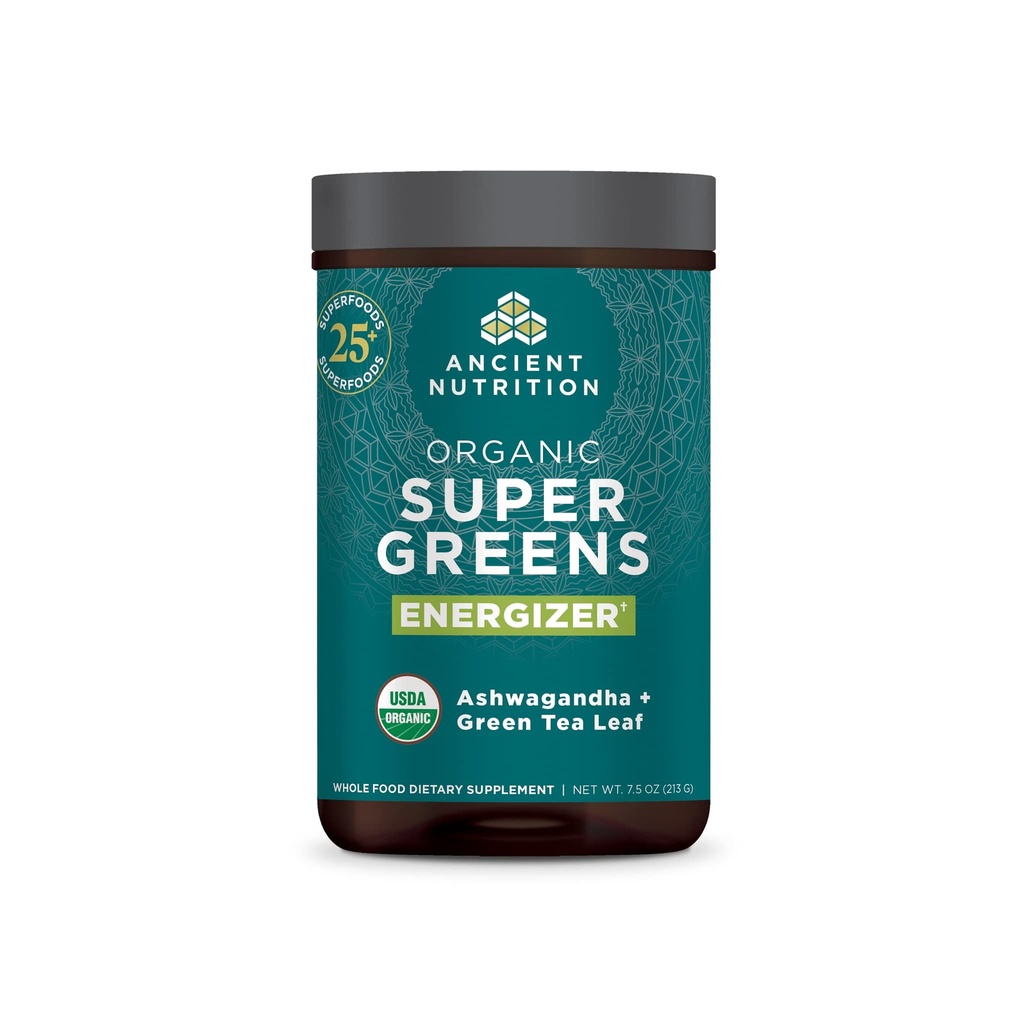 Ancient Nutrition Organic SuperGreens Energizer Powder with Probiotics and B12, Made from Real Fruits, Vegetables and Herbs, for Digestive, Detoxification and Energy Support, 25 Servings