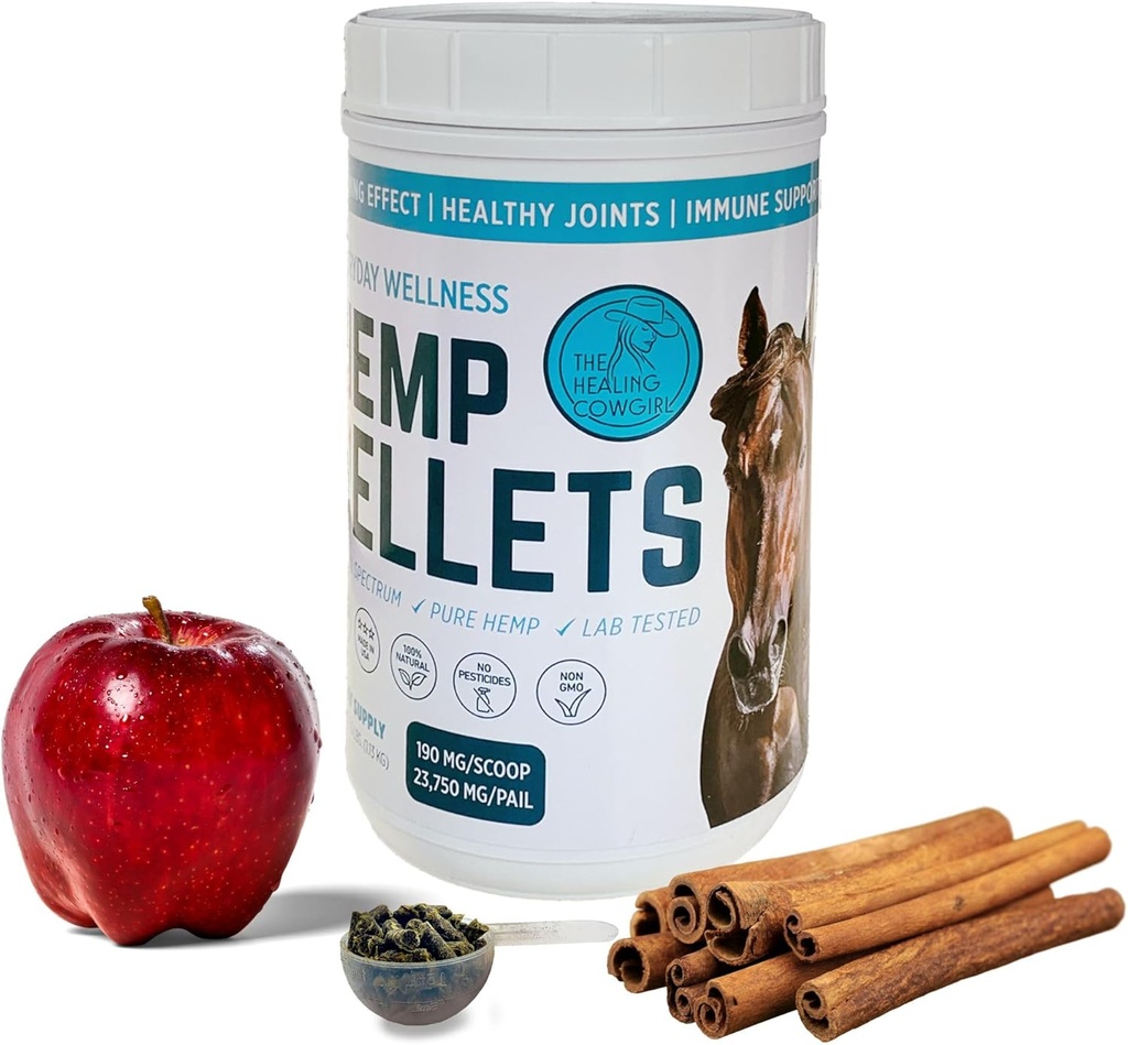 Pellets de cáñamo para caballos (2,5 lbs) w/Apple Cinnamon Flavor - Calming - Juntas sanas y movilidad - Alergías - Equine Care - 62 Day Supply (Twice/Day)