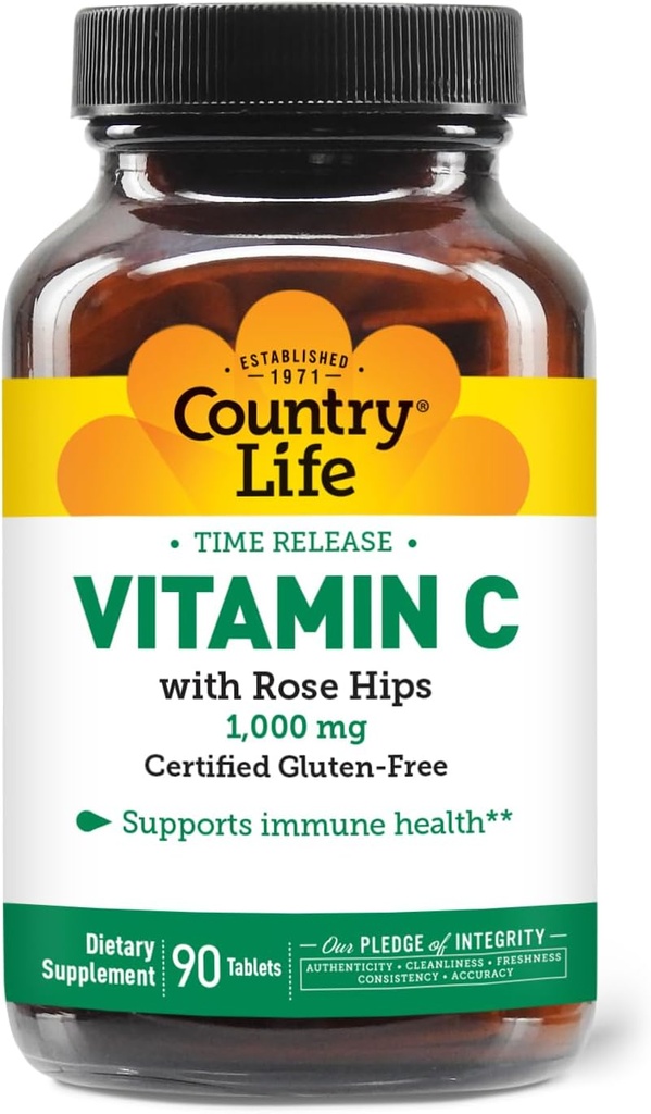 Country Life Vitamin C 1000mg con Rose HIPS – Time Release Immune Support Supplement – Antioxidant Protection – Vegan, Gluten-Free, Preservative-Free – 90 Tablets