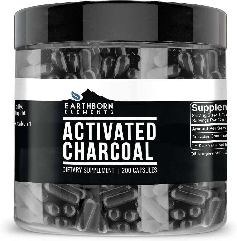Earthborn Elements Activated Charcoal Capsules, 200 Capsules, Odorless & Non-Toxic Powder