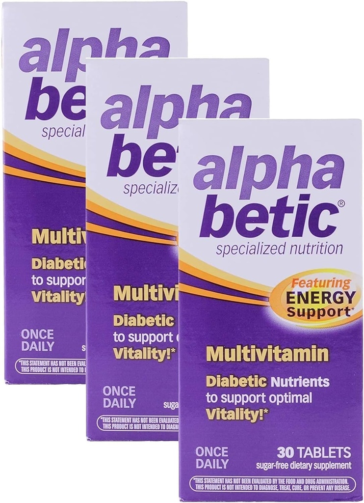 Alfa Betic Una vez Multivitamínico diario para la diabética, sin gluten, sin azúcar, suplemento dietético extendido de energía, 30 tabletas (3 Pack)3
