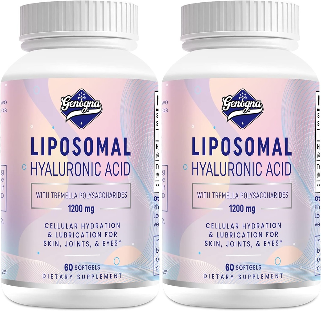 Suplementos de ácido hialurónico Liposomal 1000mg-High Bioavailable cápsulas de ácido hialurónico con 200 mg de Tremella Polysaccharides para la hidratación de la piel de doble estiramiento, Lubricación conjunta,2 Pack