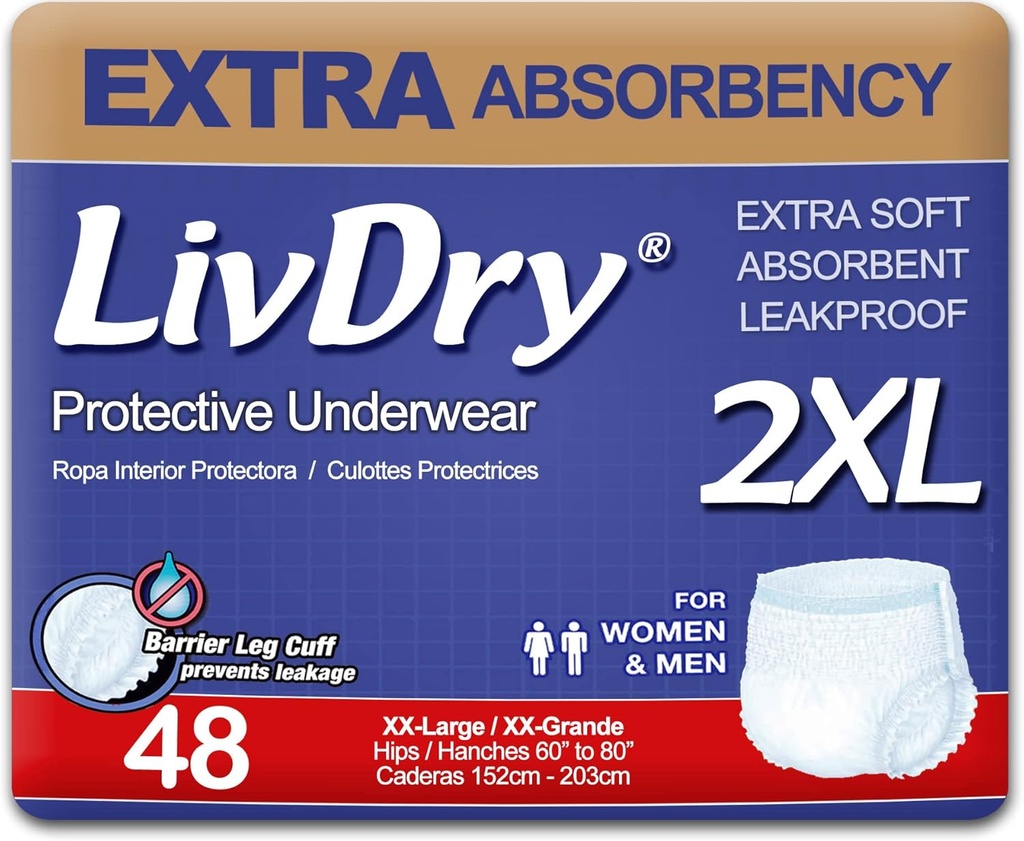 LivDry Adulto XXL Incontinencia Ropa interior, Extra Comfort Absorbency, Leak Protection, XX-Large, 48-Pack