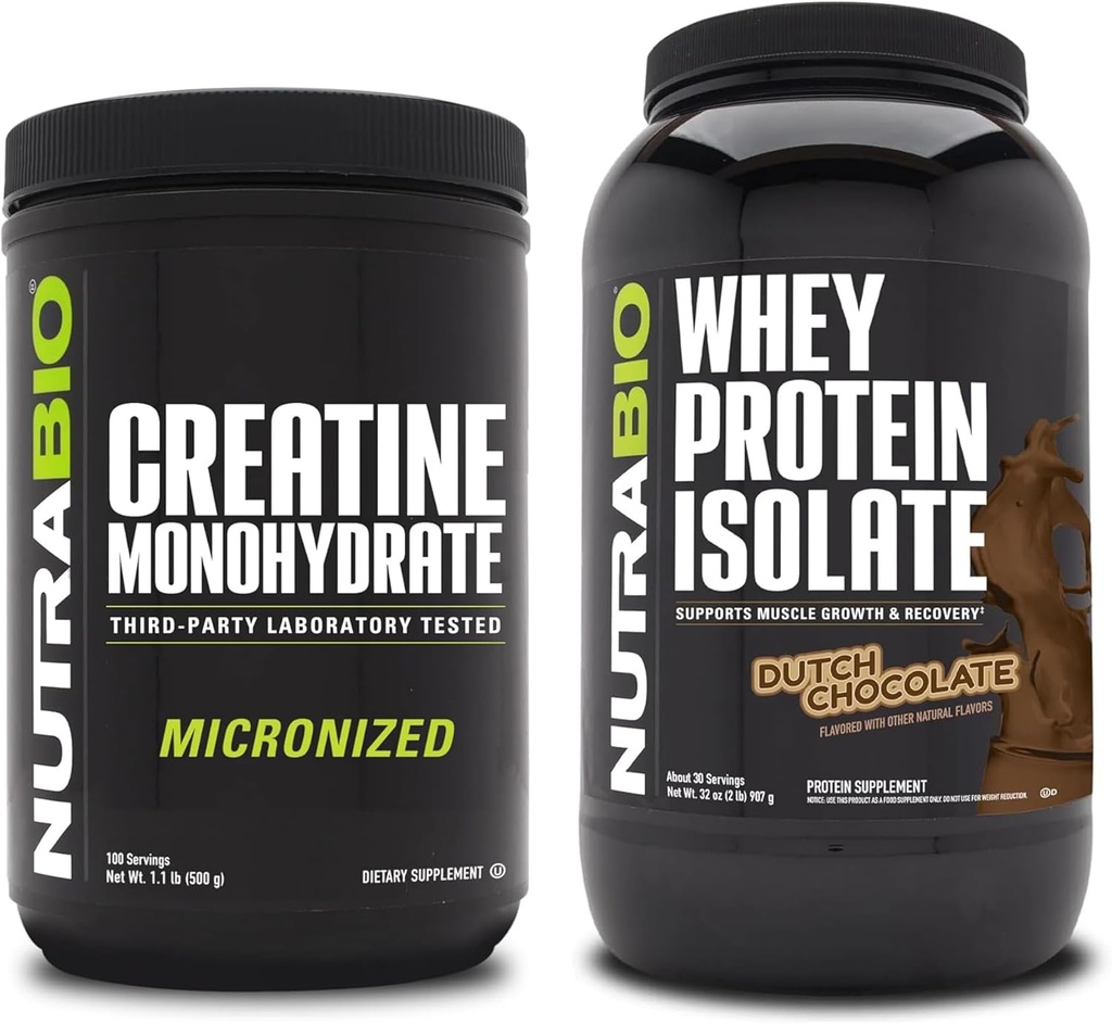 NutraBio Monohidrato de Creatina, Desflavorado, 500g y Whey Protein Isolate, Chocolate holandés, Suplemento Bundle - Muscle Energy, Lean Muscle Growth, Recovery, and Strength