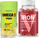 Gummies de hierro vegano + Alga Vegan Omega-3 DHA - Mejor suplemento de vitamina para hombres y mujeres, sin gluten
