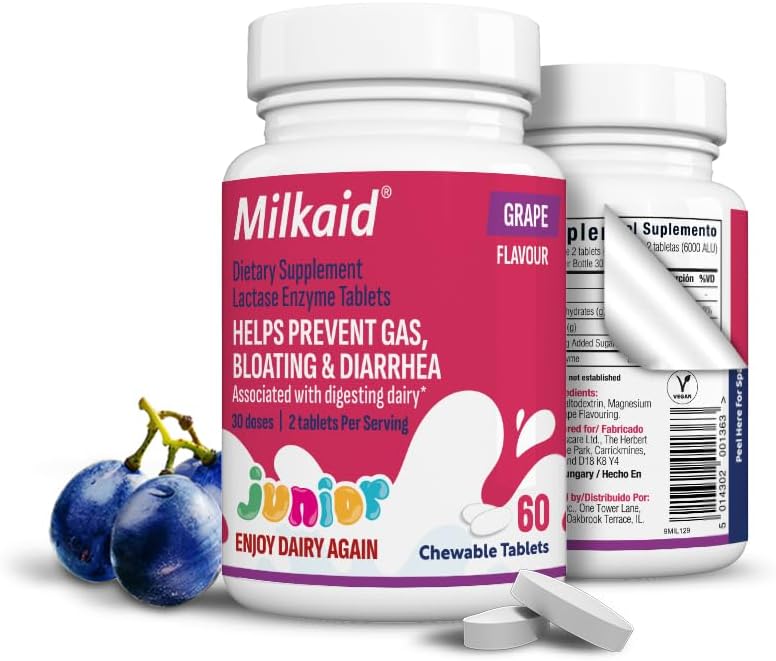Milkaid Junior Lactase Enzyme Chewable Tablets for Lactose Intolerance ¦ Prevents Gas, Bloating, Diarrhea in Children Tortura Fast Acting Dairy Digestive Supplement for Kids Tortura 60 ct (60 Tablets, Grape)