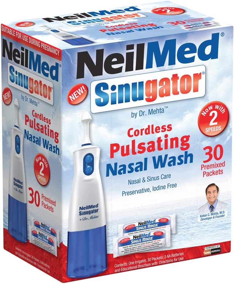 NeilMed Sinugator Kit de lavado de Nasal sin cable con un riego, 30 paquetes premezclados y 3 baterías AA (Pack de 1)