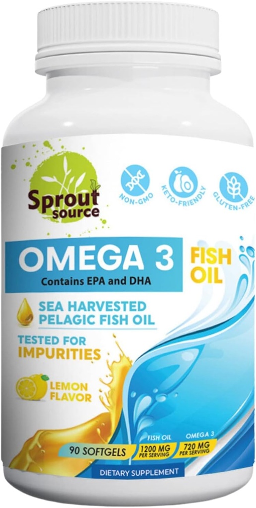 Aceite Pelagic Omega-3 para la salud del corazón, los ojos y el apoyo conjunto - 1200 mg, fuente de 90 días - EPA de alta potencia DHA Fatty Acids - Aceite de pescado con sabor limón - 90 Softgels
