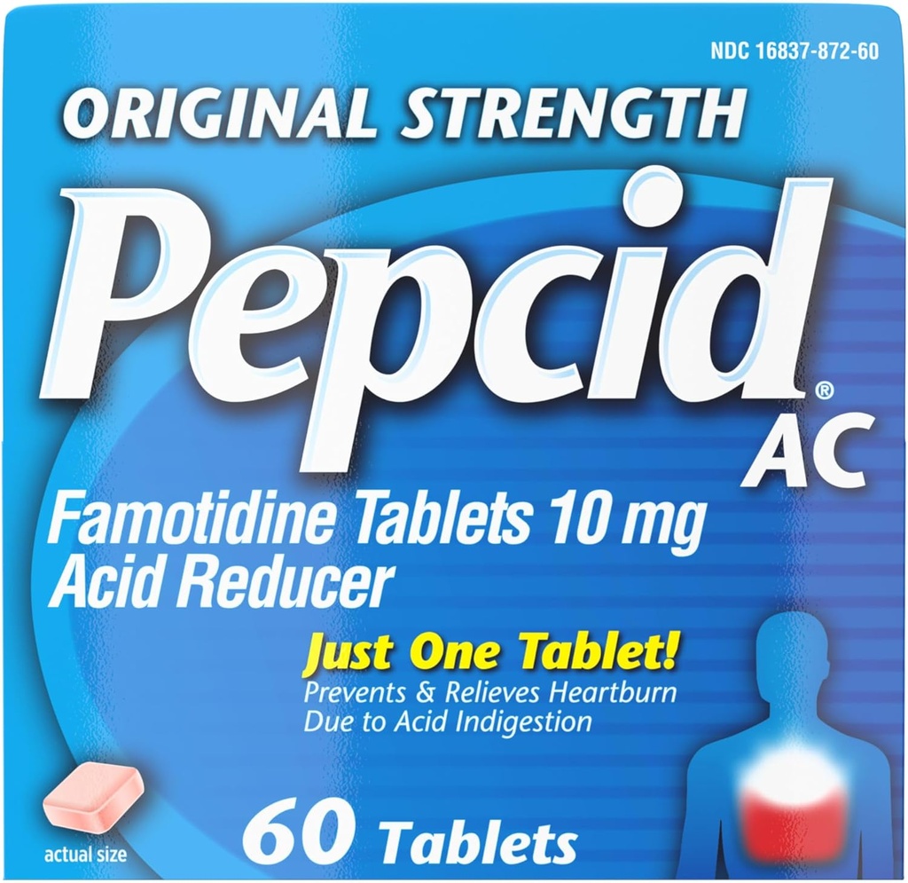 Pepcid AC Original Strength Heartburn Relief Tablets, Prevents ' Relieves Heartburn Debido a la indigestión del ácido " Stomach, 10 mg Famotidine para reducir " Acid de control, acción rápida, 60 Ct