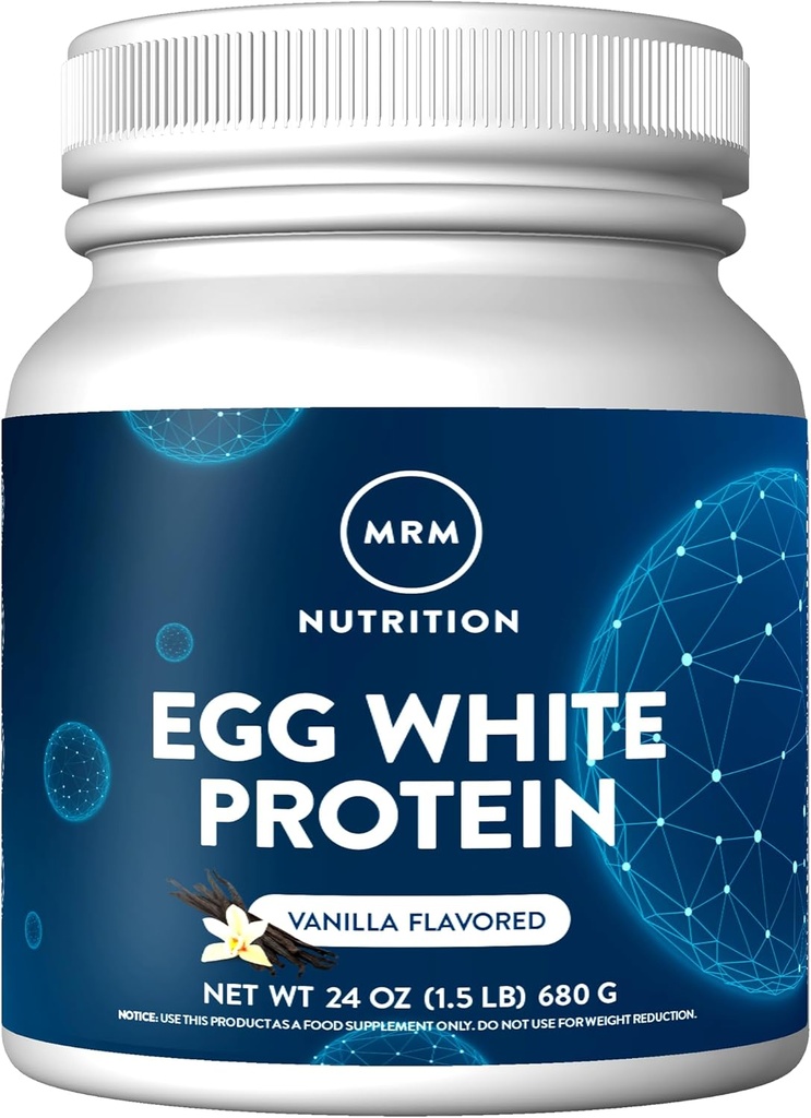 MRM Nutrición Egg White Protein ANTE Vanilla Flavored TEN 23g Proteína libre de grasa  tolera con enzimas digestivas ← Valor biológico más alto Silencio Testado clínico Ø 20 Serviciones