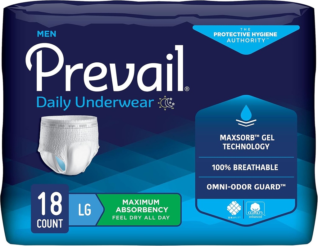 Prevail Incontinence Ropa interior protectora para hombres, máxima absorción, grande, 18 conteo