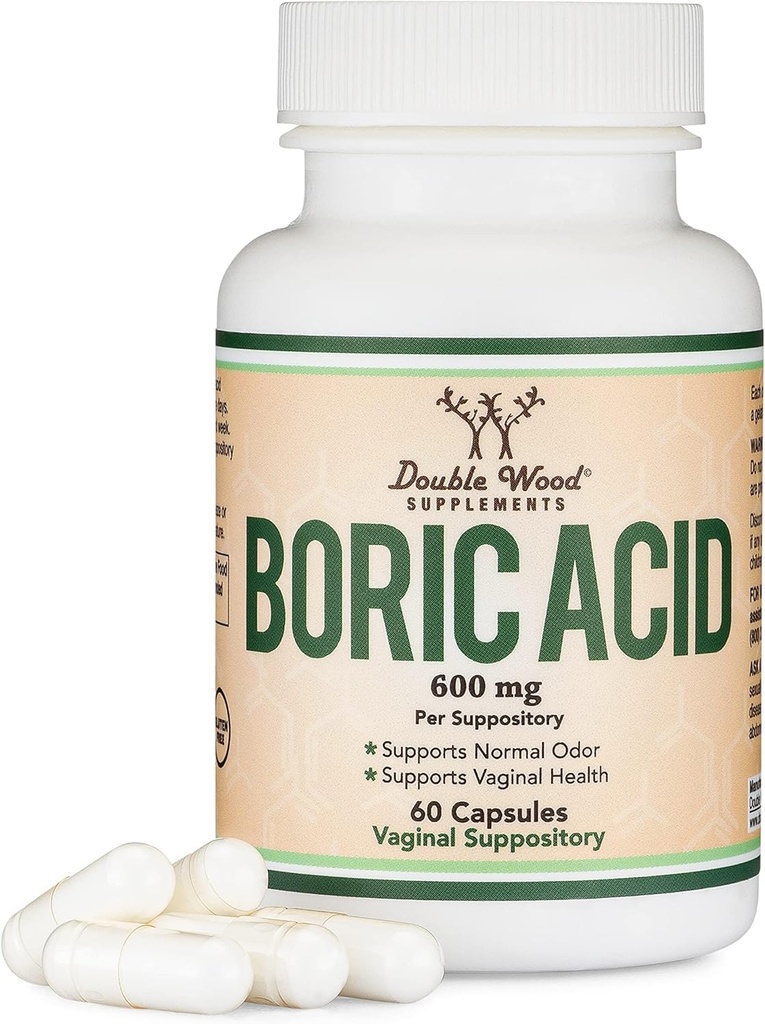 Boric Acid Suppositories (600mg Vaginal Suppository, 60 Conde) Soporta Vaginal pH Balance, Odor Control (USP Medical Grade Fine Powder, Easy Dissolve, Third Party Tested) por Double Wood