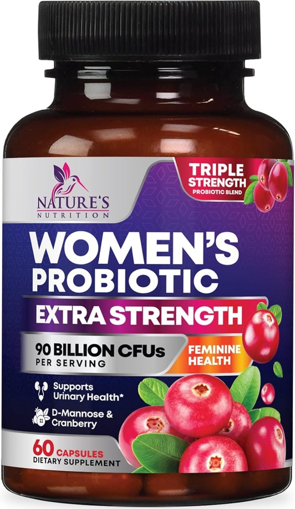 Probióticos para Mujeres Apoyo a la Salud Digestiva - 90 Billones Probiótico de Mujeres CFU, 16 Strains, Arándano, Probiótico Vaginal con Prebióticos, PH, Immune, Urinary, &amp; Feminine Health Support, 60 cápsulas