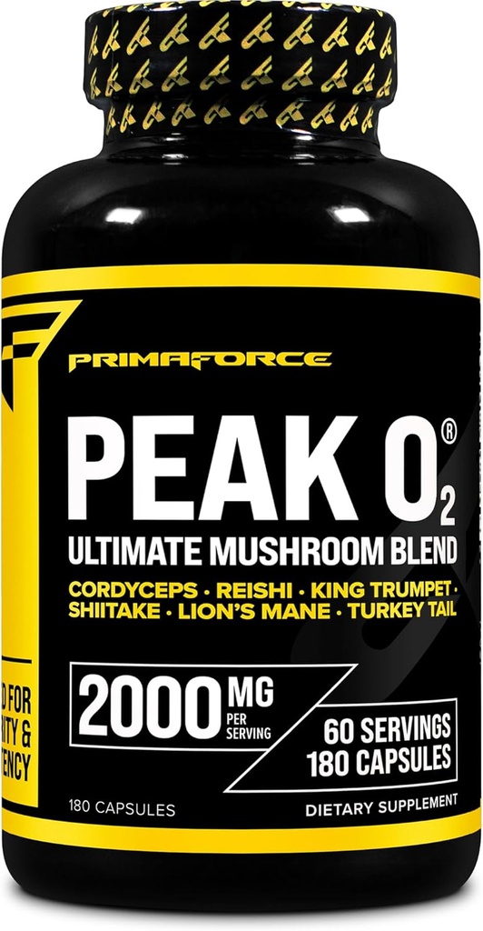 Primaforce Peak O2 Performance Mushroom Powered Oxygen Absorption Booster (180 Capsules) (2,000 mg Per Serving, 60 Servings) - Athletic Performance Supplement, Ultimate Mushroom Blend