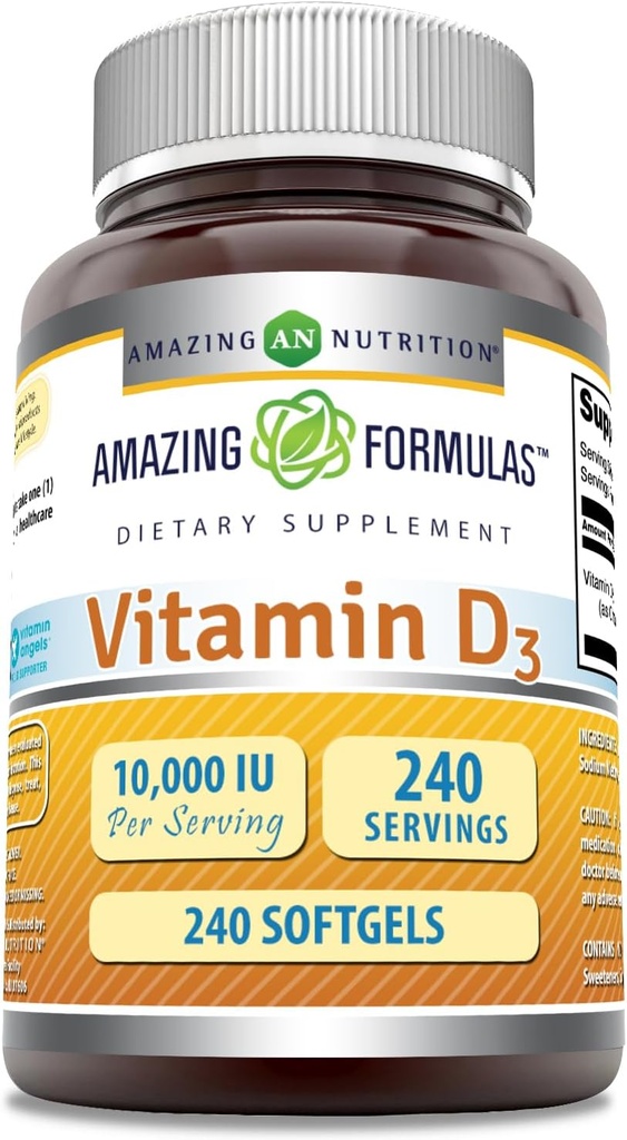 Fórmulas asombrosas Vitamina D3 (Cholecalciferol) Suplemento TEN 10,000 UI TEN 240 Softgels Silencio No Gluten-Free TEN Made in USA