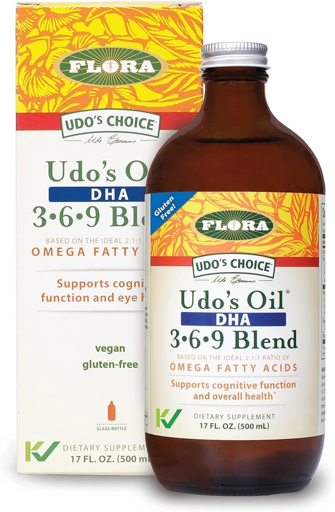 Flora - Óleo de Udo DHA 3-6-9 Blend - Vegetariano Ojo &amp; Cerebro Salud Suplemento - Omega-3 &amp; Omega-6 - Contiene girasol &amp; aceite de semilla de Flax - Kosher &amp; Orgánico - Mantén Chilled - 17 fl. oz.