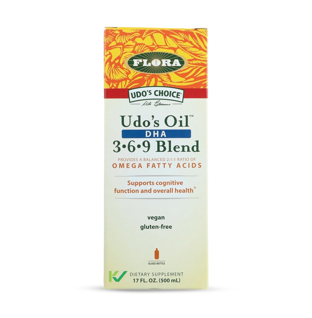 Flora - Udo's Oil DHA 3-6-9 Blend - Vegetarian Eye & Brain Health Supplement - Omega-3 & Omega-6 - Contains Sunflower & Flax Seed Oil - Kosher & Organic - Keep Chilled - 17 fl. oz.