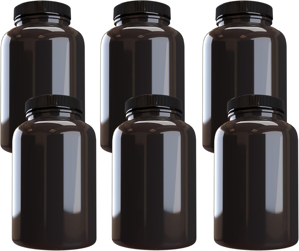 Empresa Botella de Píldora de Píldora (6 Pack) Contenedor ámbar oscuro con tapa negra, 500cc Capacidad