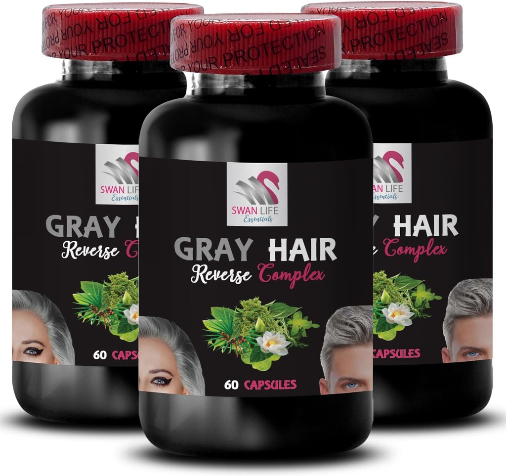 Complejo de pelo natural - Gris Hair Reverse - Vibrancia fresca, Color despertar, Pelo brillante, Pelo Luminoso, Enriquecimiento del cabello, Brilliance del cabello, Boost de color, Transformación del cabello 3 Botellas 180 Capsules