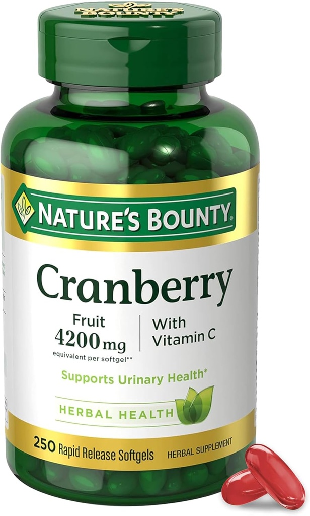 Nature's Bounty Cranberry Pills for Women Urinary Tract Health, Cranberry Supplements with Concentrate & Vitamin C, 250 Softgels (Pack of 1)