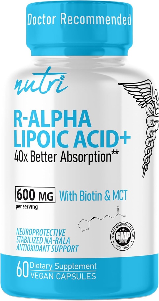 Nutri R Alpha Lipoic Acid 600mg Capsules - R Lipoic Acid Estabilizado con Biotina - Forma activa de R-ALA - 600 mg Dosis clínica - Powerful Cellular Energy Support - 60 cápsulas Vegan - RALA