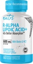 Nutri R Alpha Lipoic Acid 600mg Capsules - R Lipoic Acid Estabilizado con Biotina - Forma activa de R-ALA - 600 mg Dosis clínica - Powerful Cellular Energy Support - 60 cápsulas Vegan - RALA