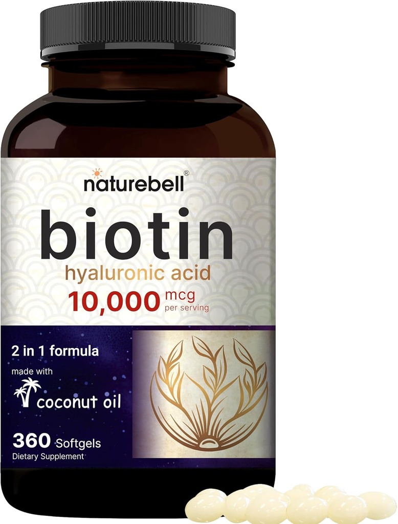 Biotina 10000mcg + Ácido hialurónico 25mg ANTE 360 Aceite de coco Softgels, Vitaminas Premium de Biotina para la piel del cabello y uñas, altamente purificados y biodisponibles, lanzamiento rápido
