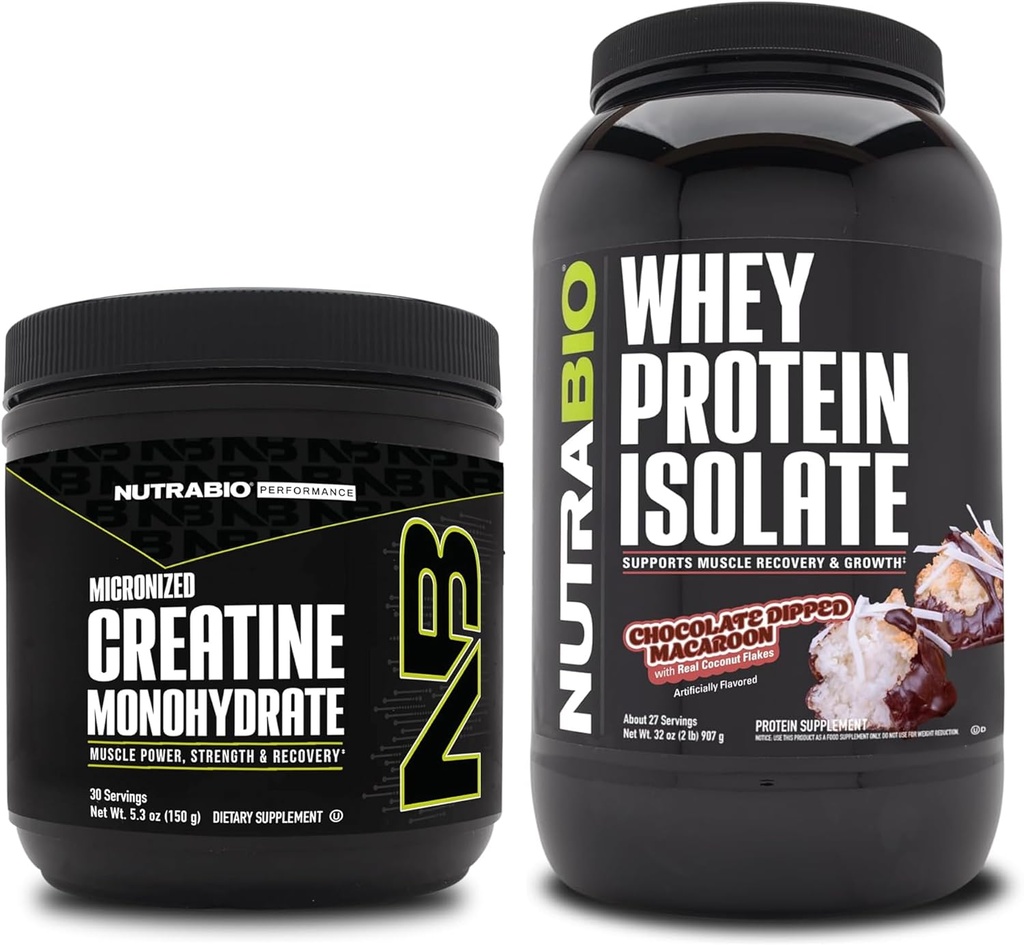 NutraBio Monohidrato de Creatina, Desflavorado, 150g e Isolato de Proteína Whey, Macaroon de Chocolate, Suplemento Bundle - Energía muscular, Crecimiento del músculo magro, recuperación y fuerza