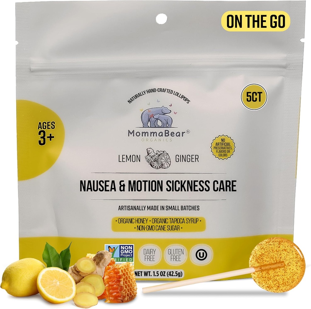 MommaBear Nausea &amp; Motion Sickness Lollipops – Candy de limón y jengibre para Nausea – Lollipops orgánicos para niños 3+ " Mujeres embarazadas para aliviar la queasidad – Esenciales de viaje para niños (5 Pack)