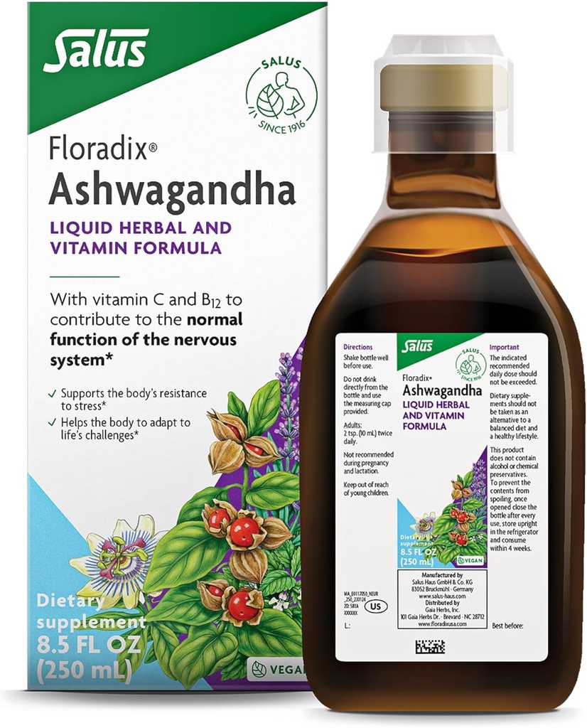 Floradix Ashwagandha Liquid Herbal & Vitamina Fórmula - Suplemento herbal con Ashwagandha Extracto, Vitamina C, B12 &amp; Más - para soporte de estrés - Gentle to Digest - Vegan < Non-GMO - 8,5 fl oz