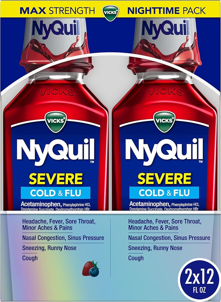 Vicks NyQuil SEVERE Cold, Flu y Congestion Medicine, 2x12 fl oz Twin Pack, Berry Flavor, Maximum Strength, Nighttime Relief