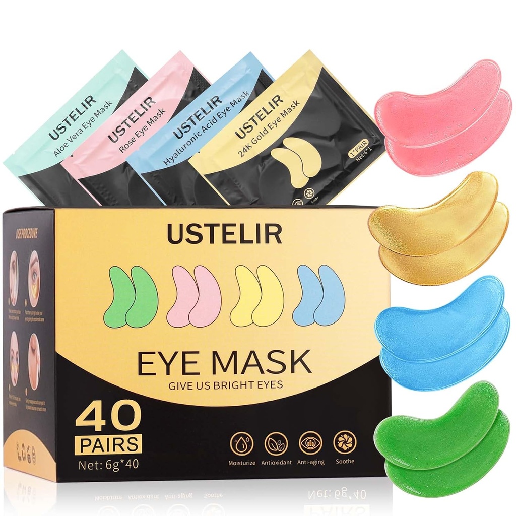 Bajo Patches de ojos, 40 pares Máscara de ojos para Círculos Oscuros, Ojos Puffy, Bolsas de Undereye, Arrugas, Patches de máscara de ojos con oro 24K, ácido hialurónico,Rose &amp; Aloe Vera, Cuidado de piel para hombres y mujeres regalo